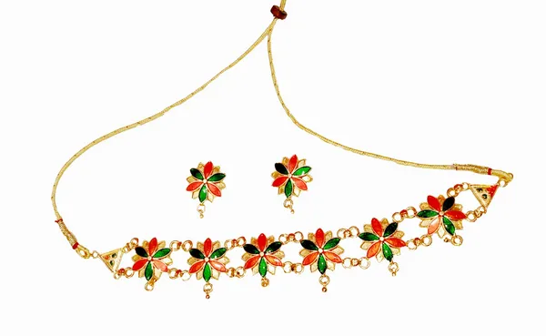 Assamese_Traditional_Gold_Plated_Red_Green_Colour_Golpata_Necklace_Set_Girls_For_Women